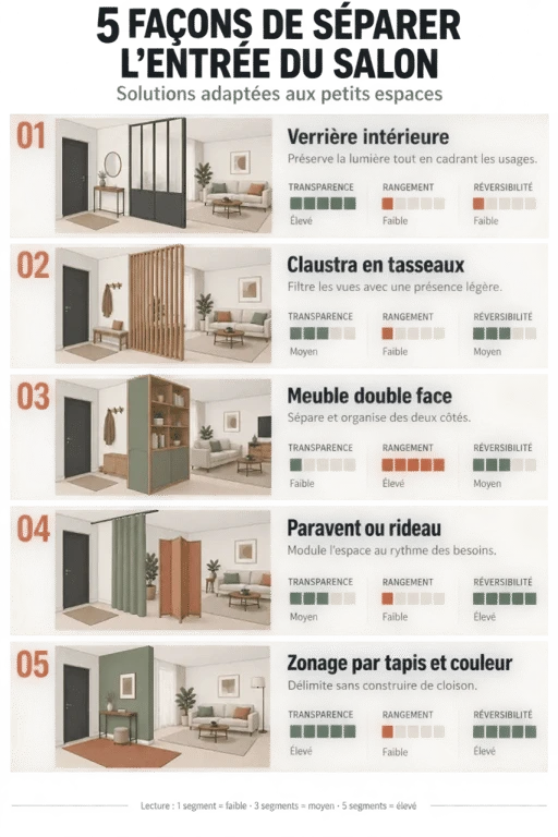 Idée de séparation entre l'entrée et le salon : infographie des solutions avec verrière, claustra, meuble et paravent