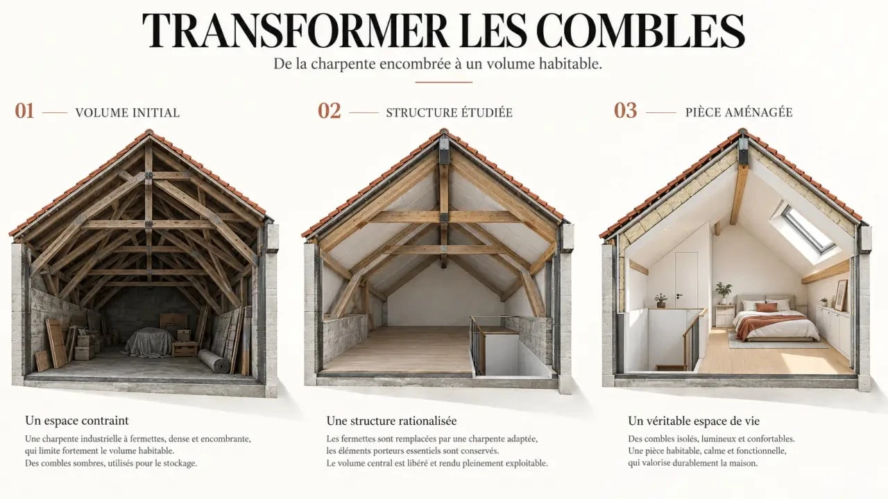 Illustration des étapes pour comprendre comment aménager des combles, de la charpente encombrée à la pièce habitable