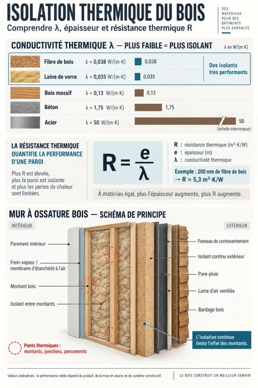 Infographie sur l’isolation thermique du bois et les couches d’un mur à ossature bois
