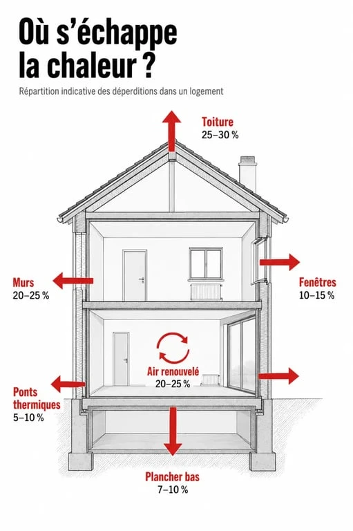 Isolation thermique du bâtiment : schéma des principales déperditions de chaleur