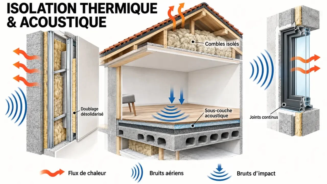 Schéma éditorial sur l’isolation thermique et phonique des murs, combles, fenêtres et planchers