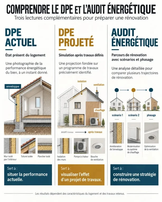 DPE projeté comparé au DPE actuel et à l’audit énergétique