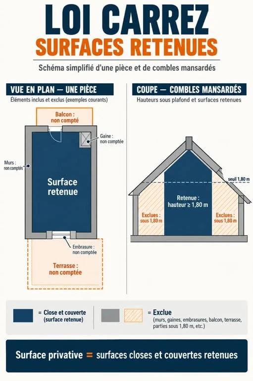 Schéma du calcul loi Carrez avec zones incluses et exclues