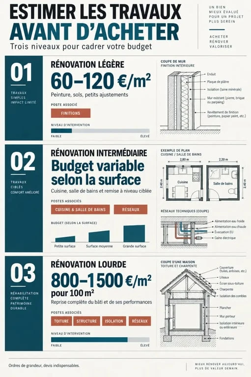 Infographie d'estimation travaux maison avant achat selon le niveau de rénovation et le coût au mètre carré