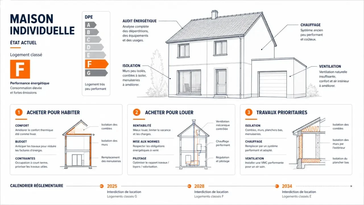 Achat maison dpe f obligation travaux : visuel comparatif des obligations pour habiter, louer et rénover