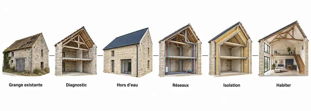 Aménager une grange en habitation : étapes de rénovation du diagnostic aux finitions