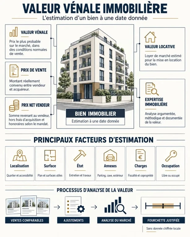 Infographie expliquant la valeur vénale et sa différence avec le prix de vente, la valeur locative et l'expertise immobilière