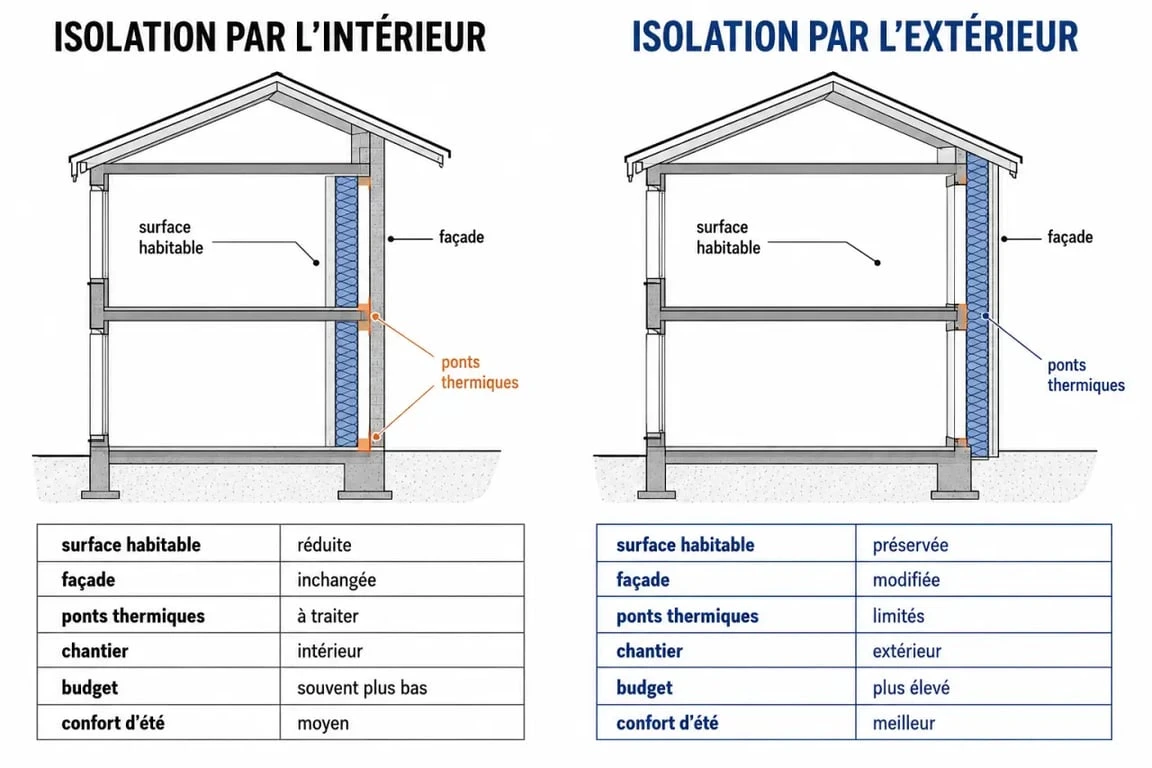 Isolation thermique des murs : comparaison visuelle entre ITI et ITE