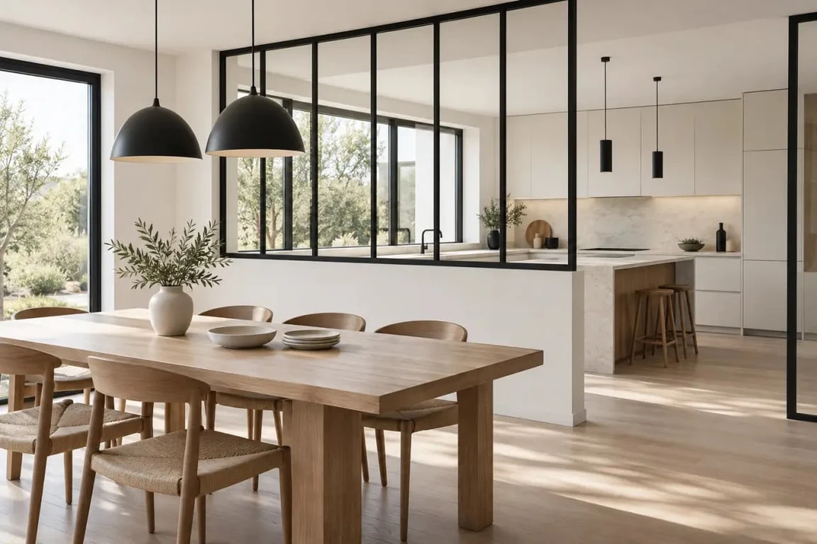 Cuisine salle à manger ouverte séparée par une verrière atelier