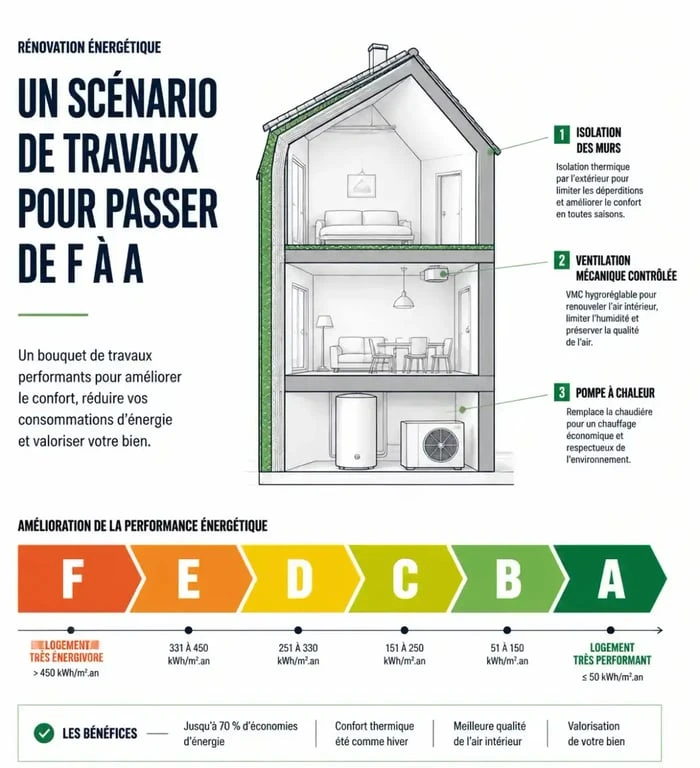 Exemple d'audit énergétique : scénario de travaux et progression de classe DPE de F à A