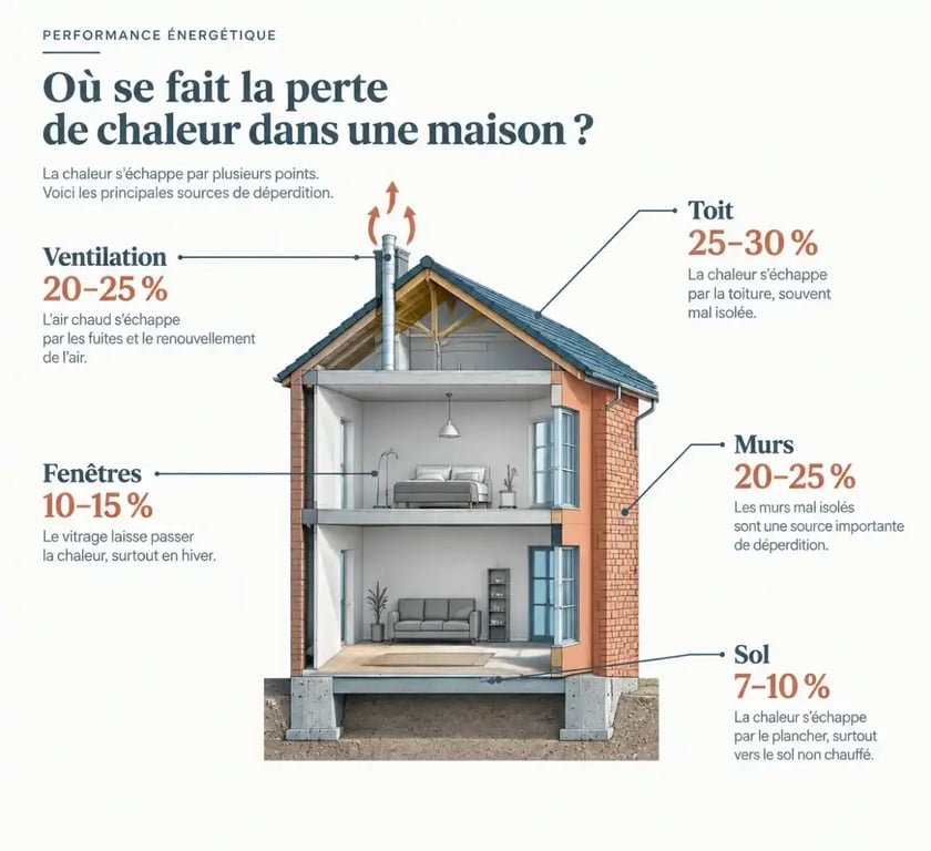 Schéma des déperditions thermiques d'une maison pour optimiser la performance énergétique