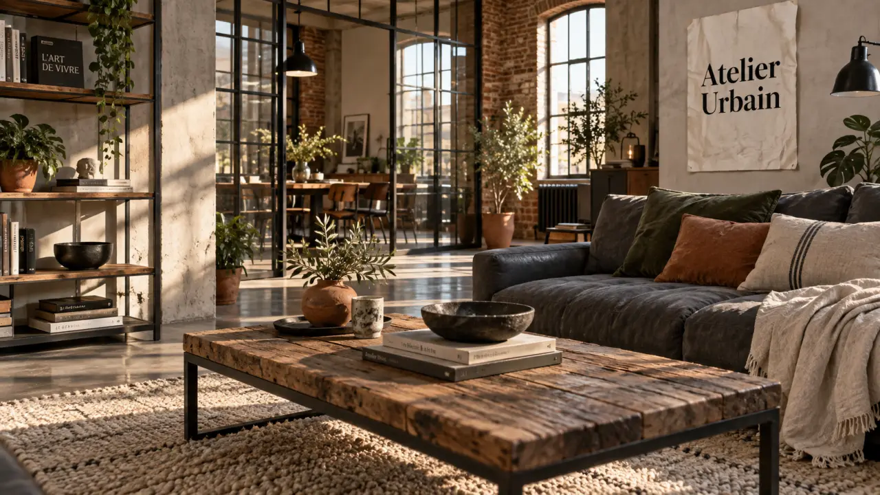 Salon style industriel : table bois et métal noir, tapis laine, lumière du matin, verrière
