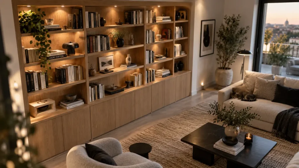 Une bibliothèque sur mesure optimise chaque recoin sans alourdir la pièce