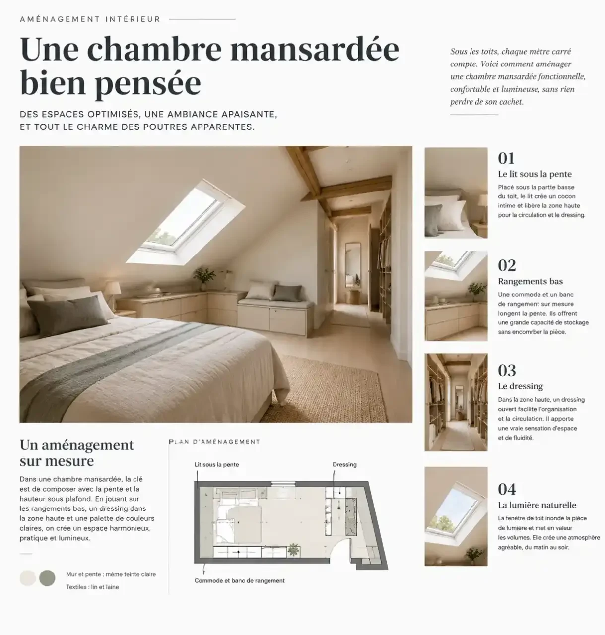 Chambre mansardée aménagée par zones de hauteur, avec lit sous la pente, rangements bas et fenêtre de toit