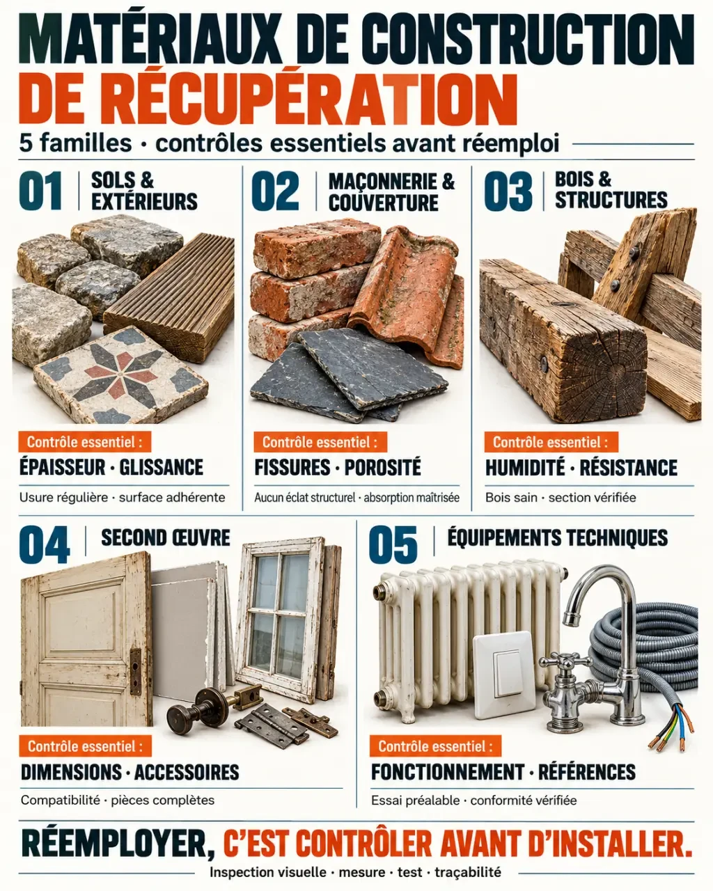 Infographie sur les matériaux de construction de récupération et les contrôles à effectuer