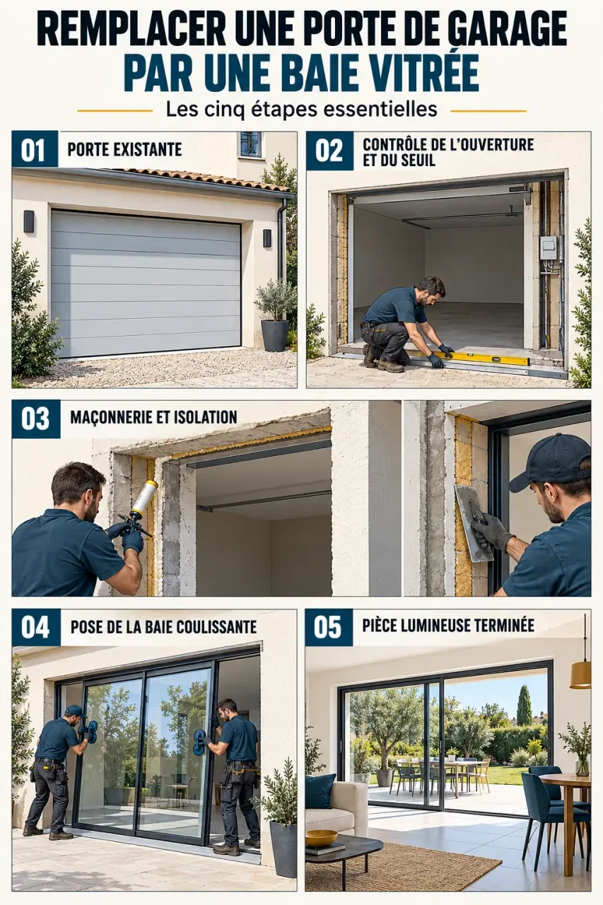 Étapes pour remplacer porte garage par baie vitrée, de la préparation de l’ouverture à la pose