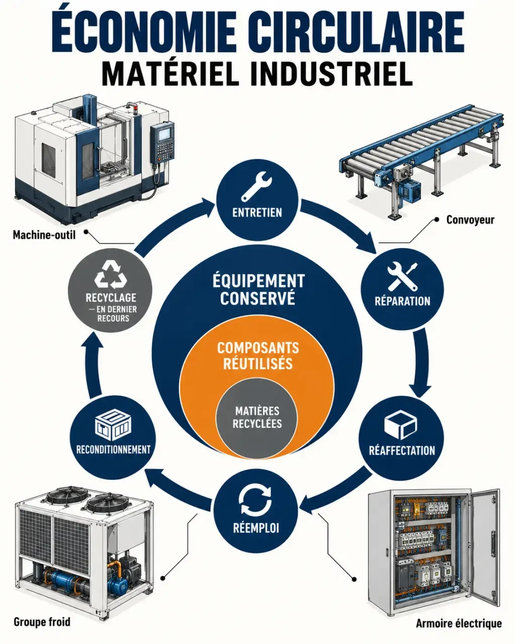 Infographie sur l’économie circulaire matériel industriel et les boucles de réemploi, réparation et recyclage