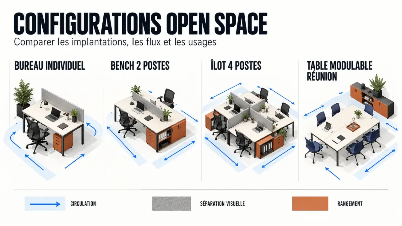 Infographie des configurations de meuble open space : bureau individuel, bench, îlot de postes et table modulable