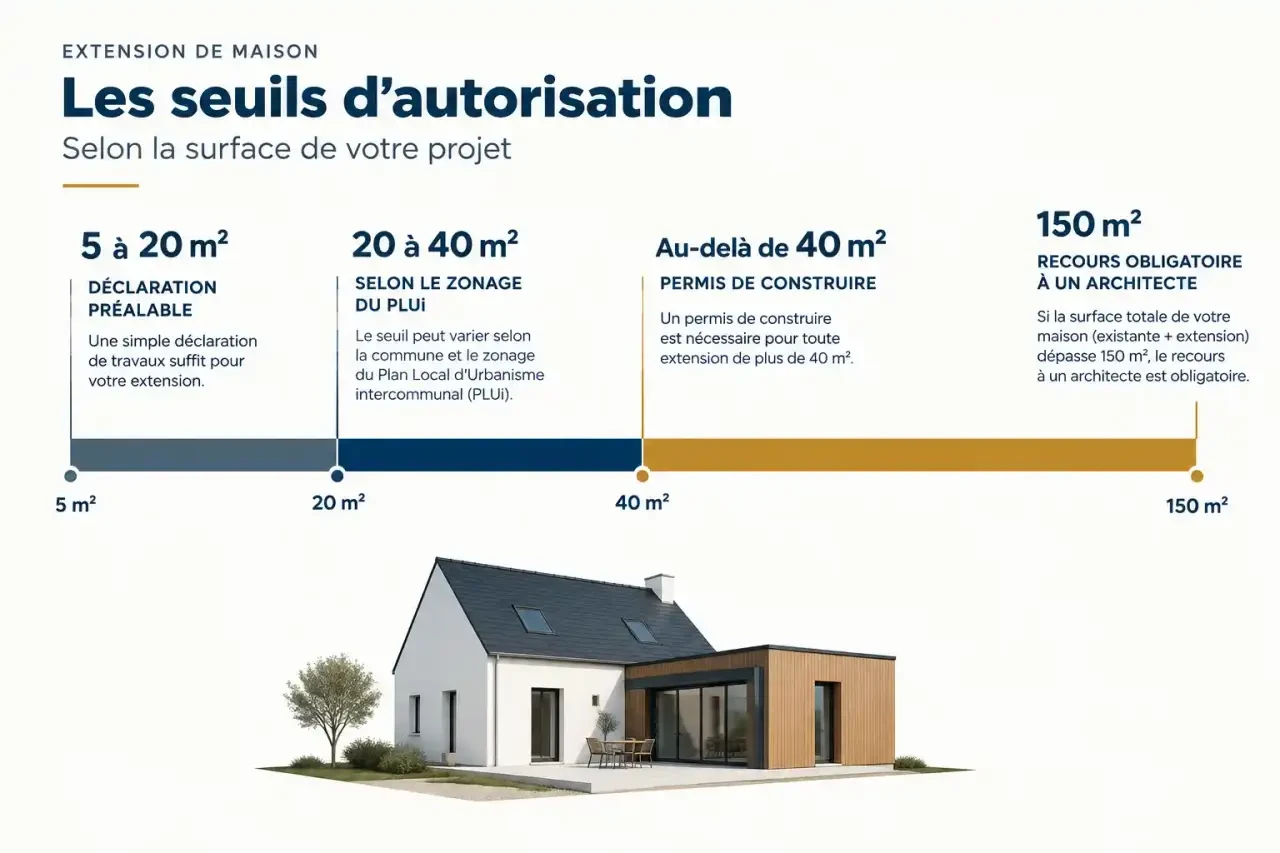 Extension maison Angers : seuils de surface pour la déclaration préalable, le permis de construire et le recours à un architecte