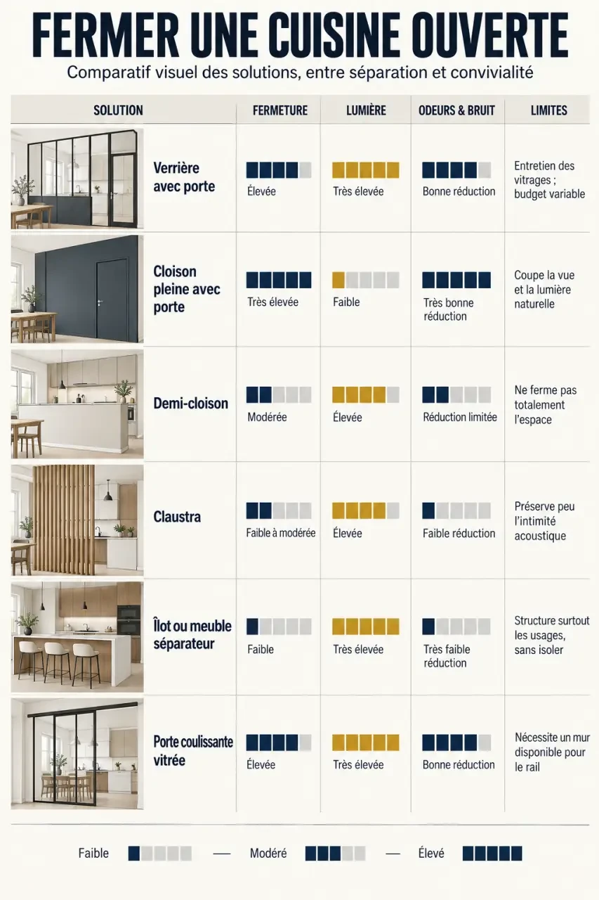 Infographie comparative pour fermer une cuisine ouverte avec verrière, cloison, claustra ou meuble séparateur