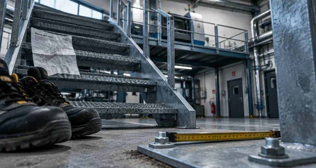 Escaliers industriels métalliques : sécuriser le palier, les cotes et la fixation