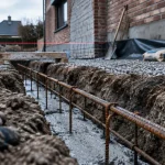 Tranchée pour fondation extension maison : raccord entre ancien et neuf
